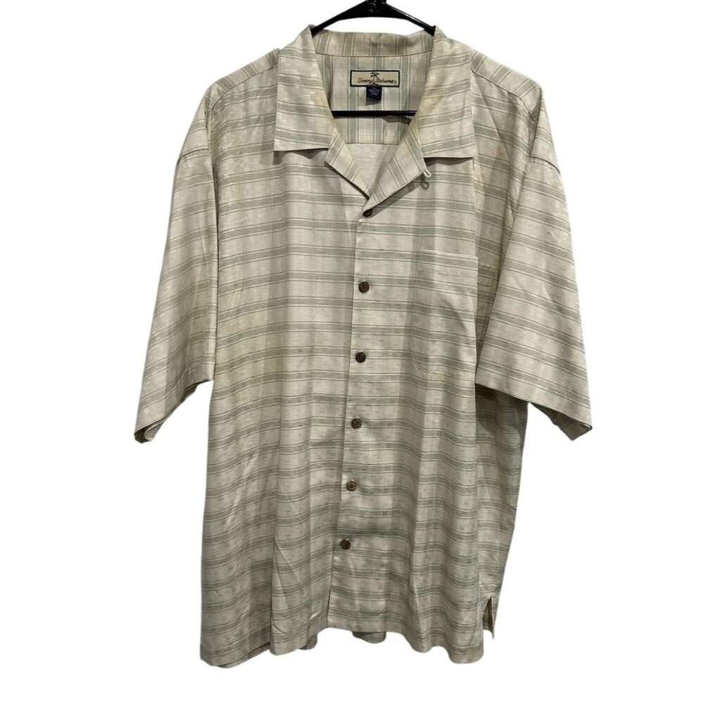 Tommy Bahama Mens Silk Beige Plaid Short Sleeve Button Up Shirt Sz XL